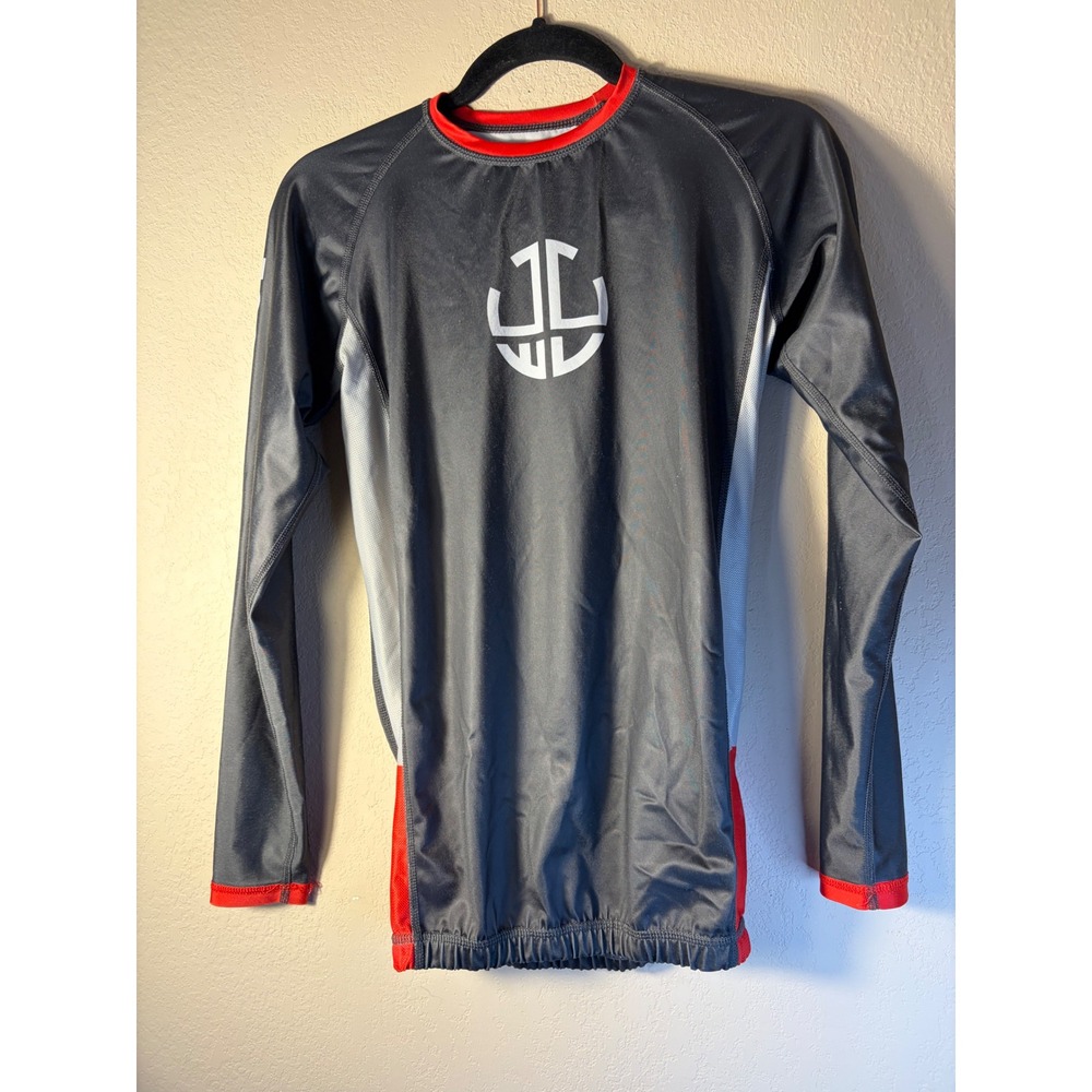 Jiu Jitsu World League Rash Guard Mens Small Grey Red BJJ MMA Long Sleeve Shirt